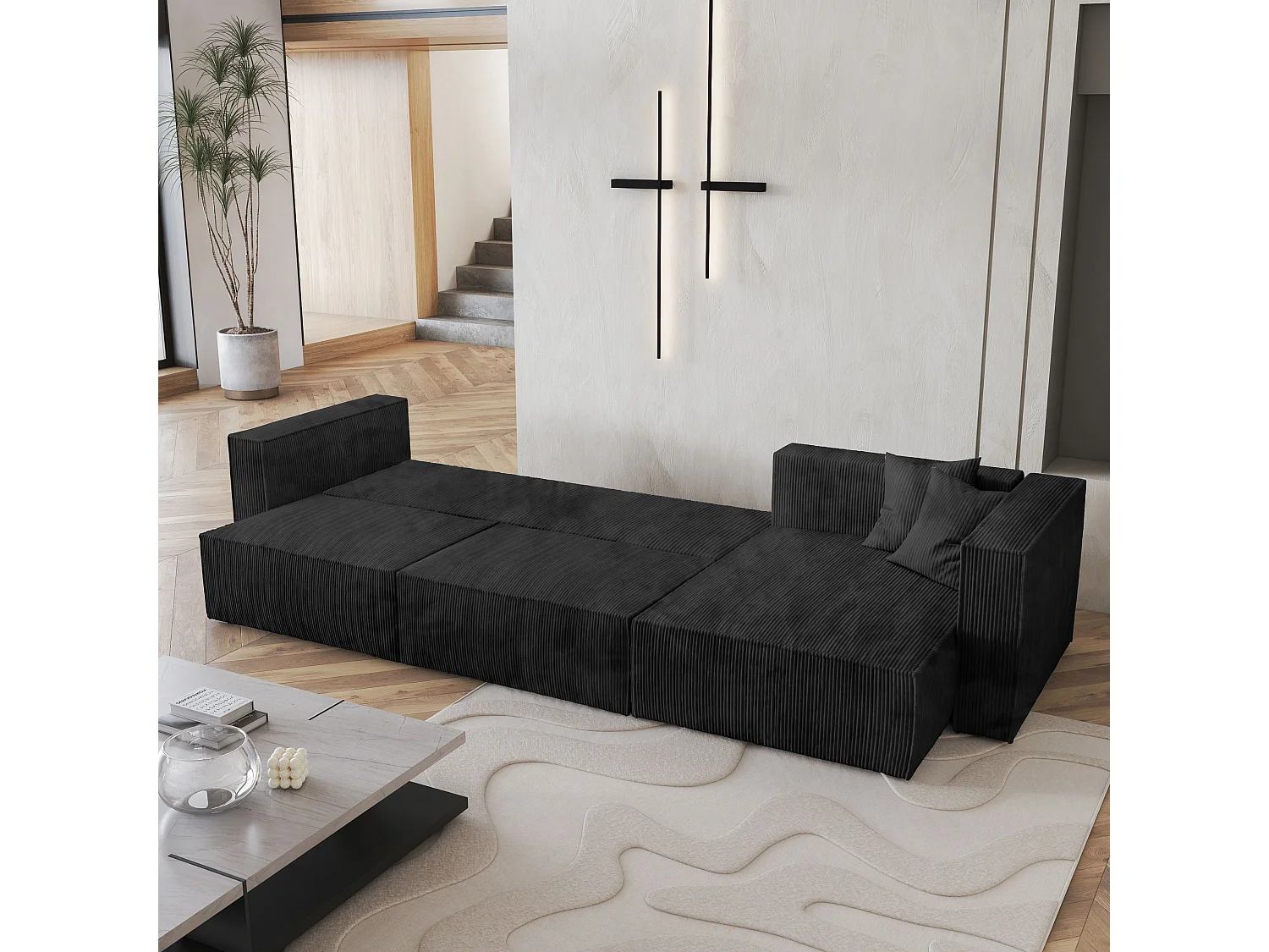 Canapé d'angle TOLMO Noir en velours côtelé avec fonction de couchage