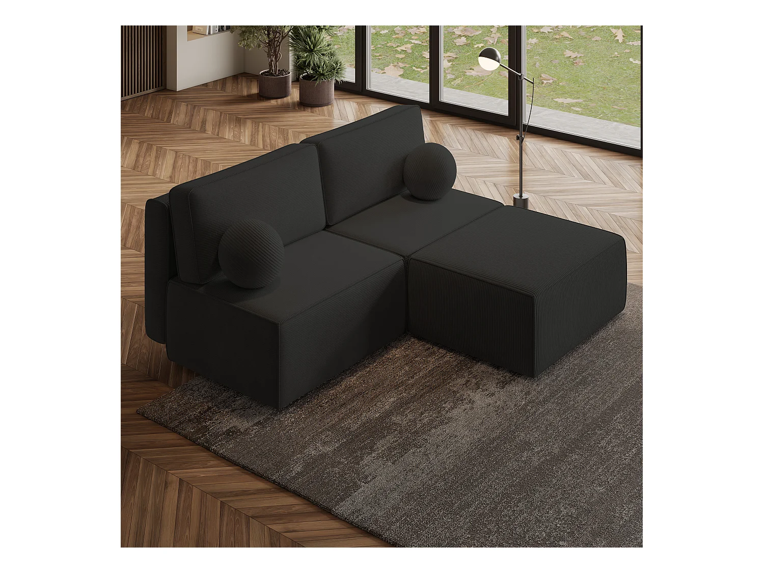 Canapé d'angle VARNA Noir en velours côtelé avec fonction de couchage