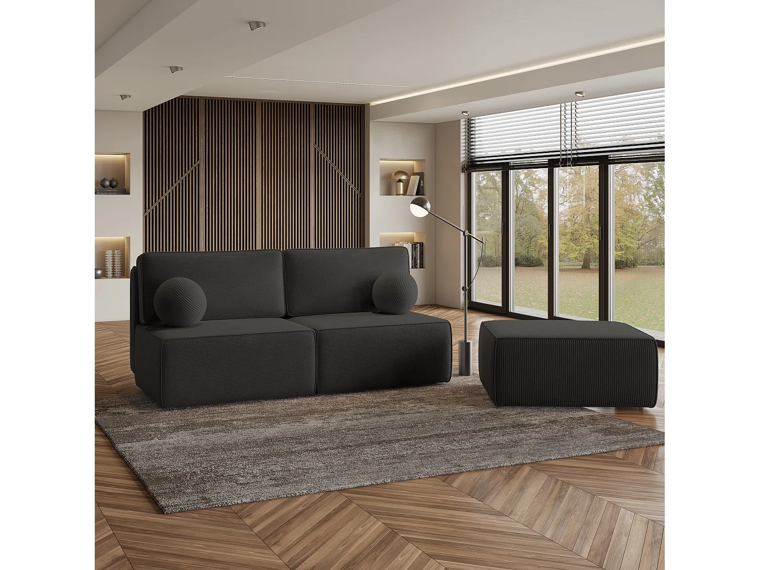 Canapé d'angle VARNA Noir en velours côtelé avec fonction de couchage