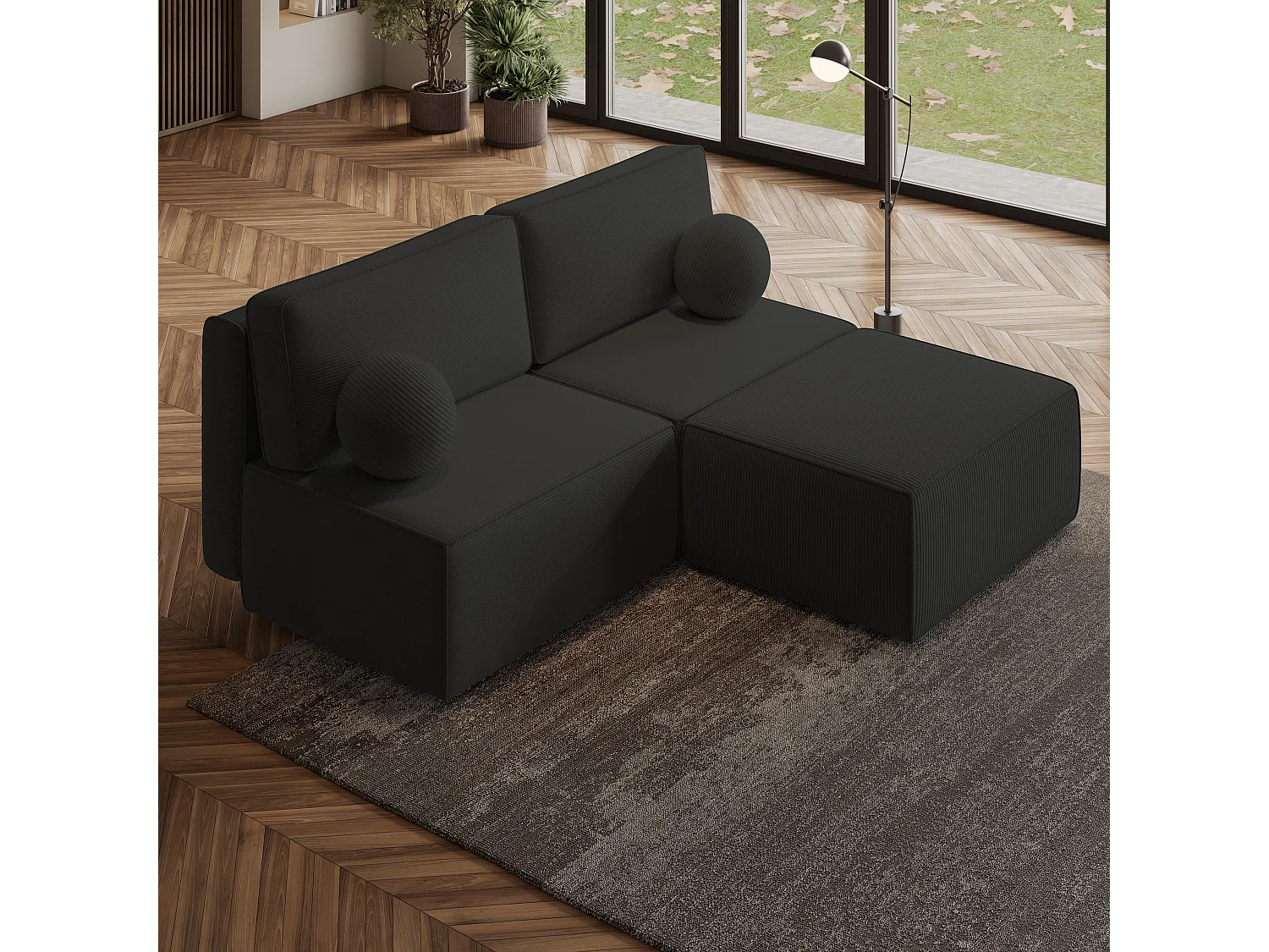 Canapé d'angle VARNA, avec fonction de couchage, velours côtelé Noir