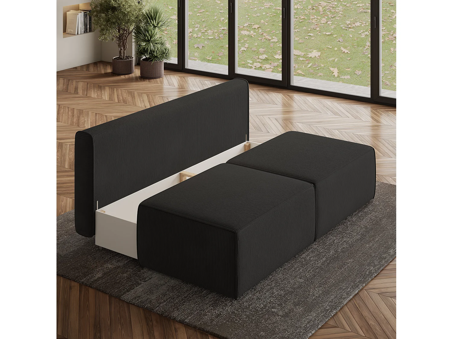 Canapé d'angle VARNA, avec fonction de couchage, velours côtelé Noir