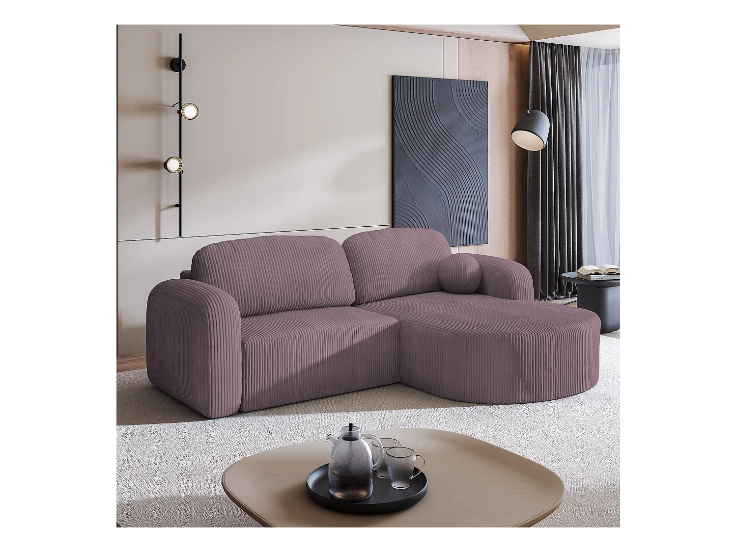 Canapé d'angle AMILIA Parme en velours côtelé avec fonction de couchage