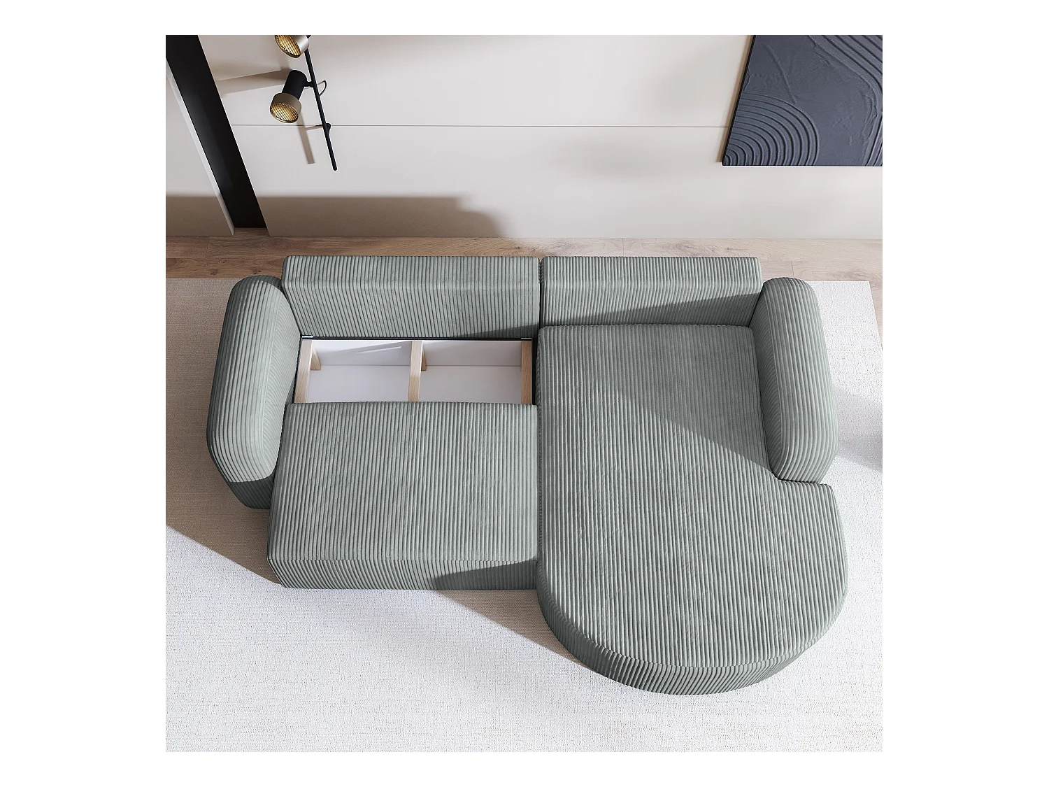 Canapé d'angle AMILIA Parme en velours côtelé avec fonction de couchage