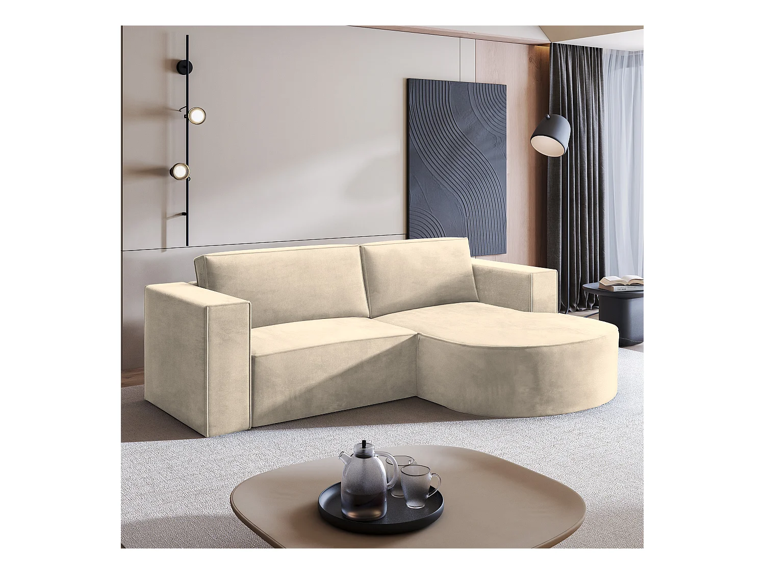 Canapé d'angle SORELA Crème en velours avec fonction de couchage