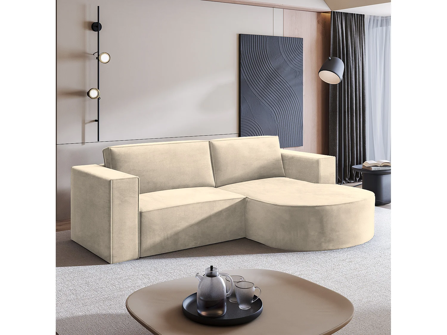 Canapé d'angle SORELA Crème en velours avec fonction de couchage