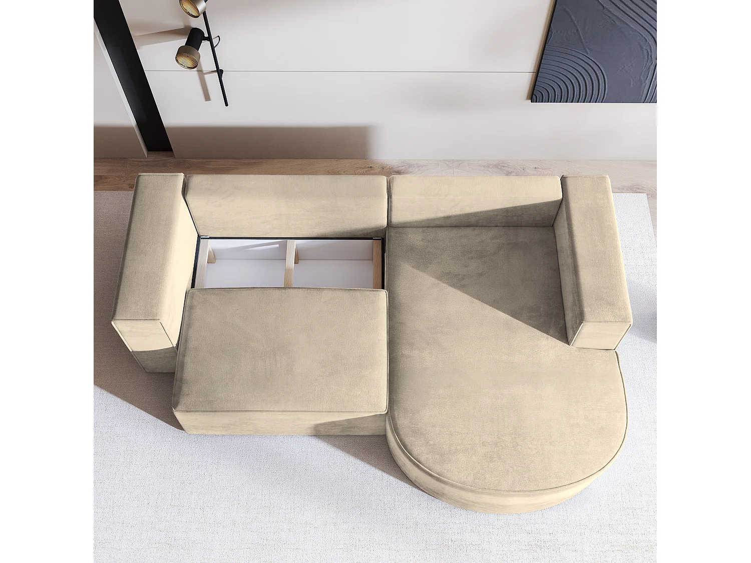 Canapé d'angle SORELA Crème en velours avec fonction de couchage