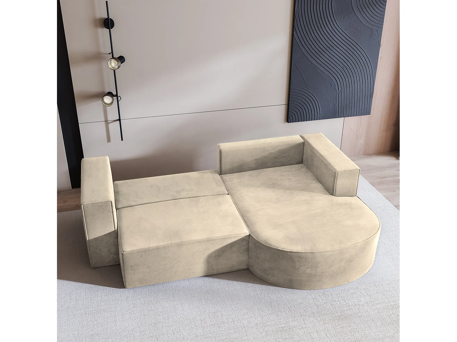 Canapé d'angle SORELA Crème en velours avec fonction de couchage