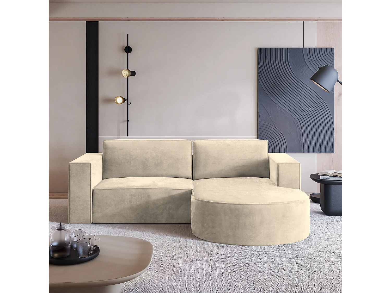 Canapé d'angle SORELA Crème en velours avec fonction de couchage