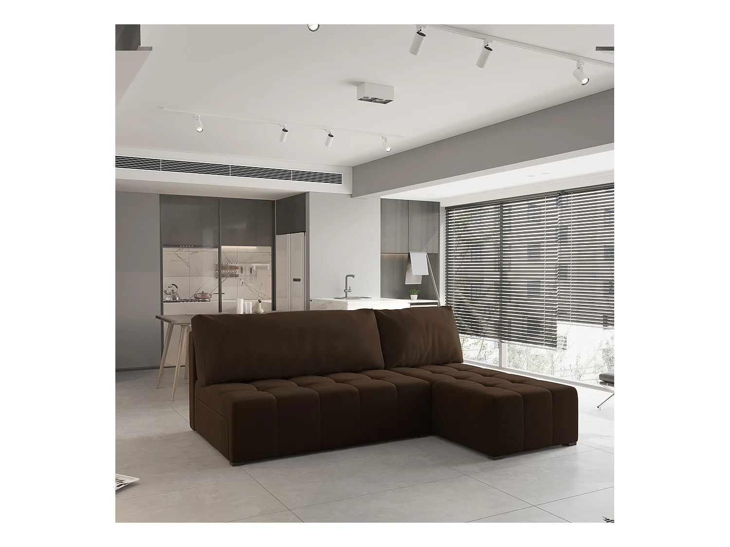 Canapé d'angle DOMIRA Marron en peluche avec fonction de couchage