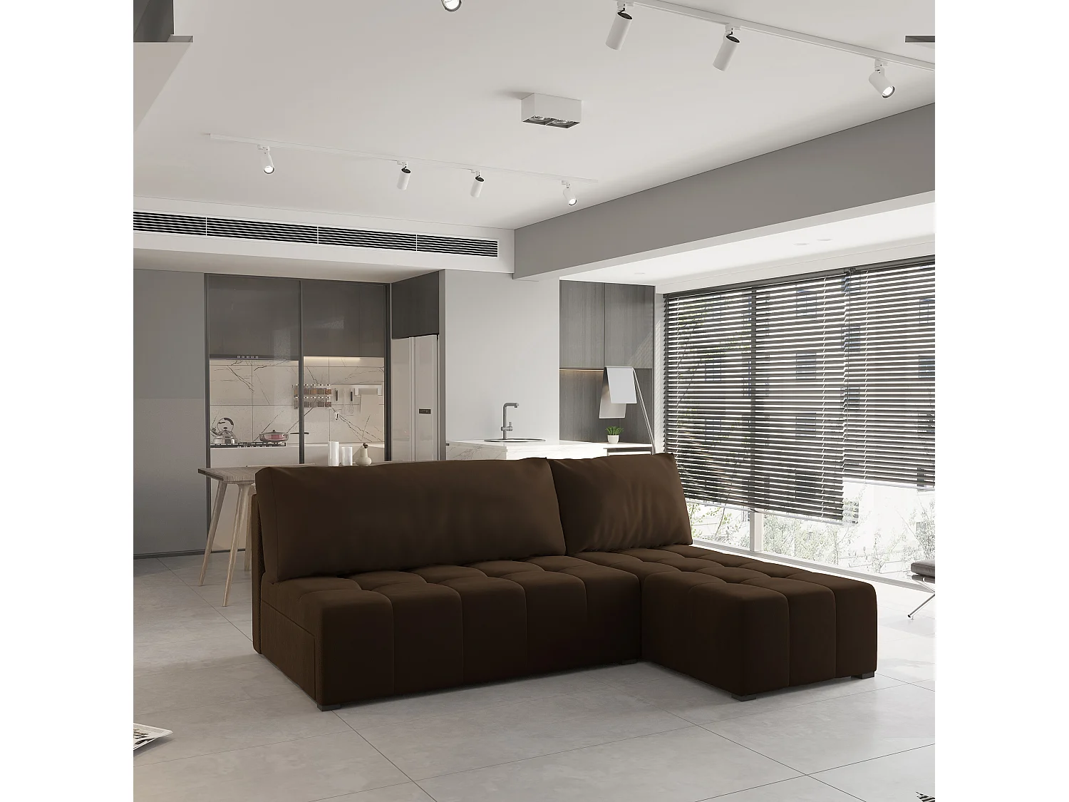 Canapé d'angle DOMIRA Marron en peluche avec fonction de couchage