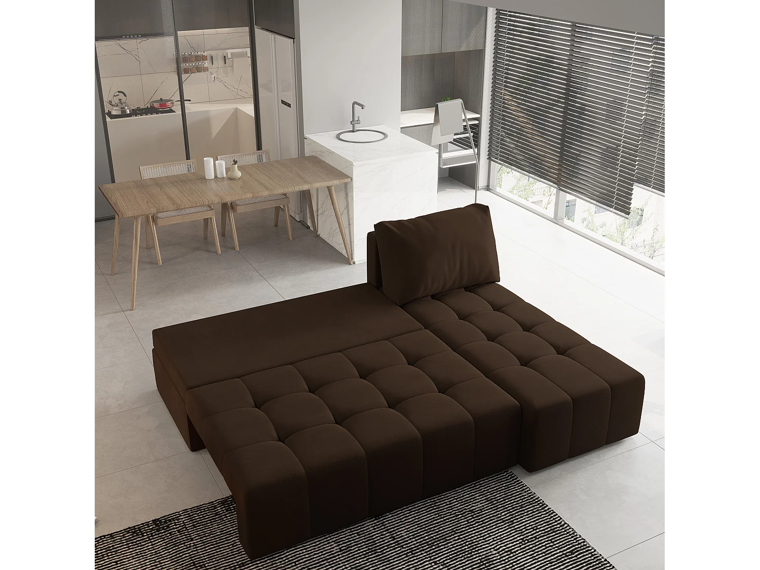 Canapé d'angle DOMIRA Marron en peluche avec fonction de couchage