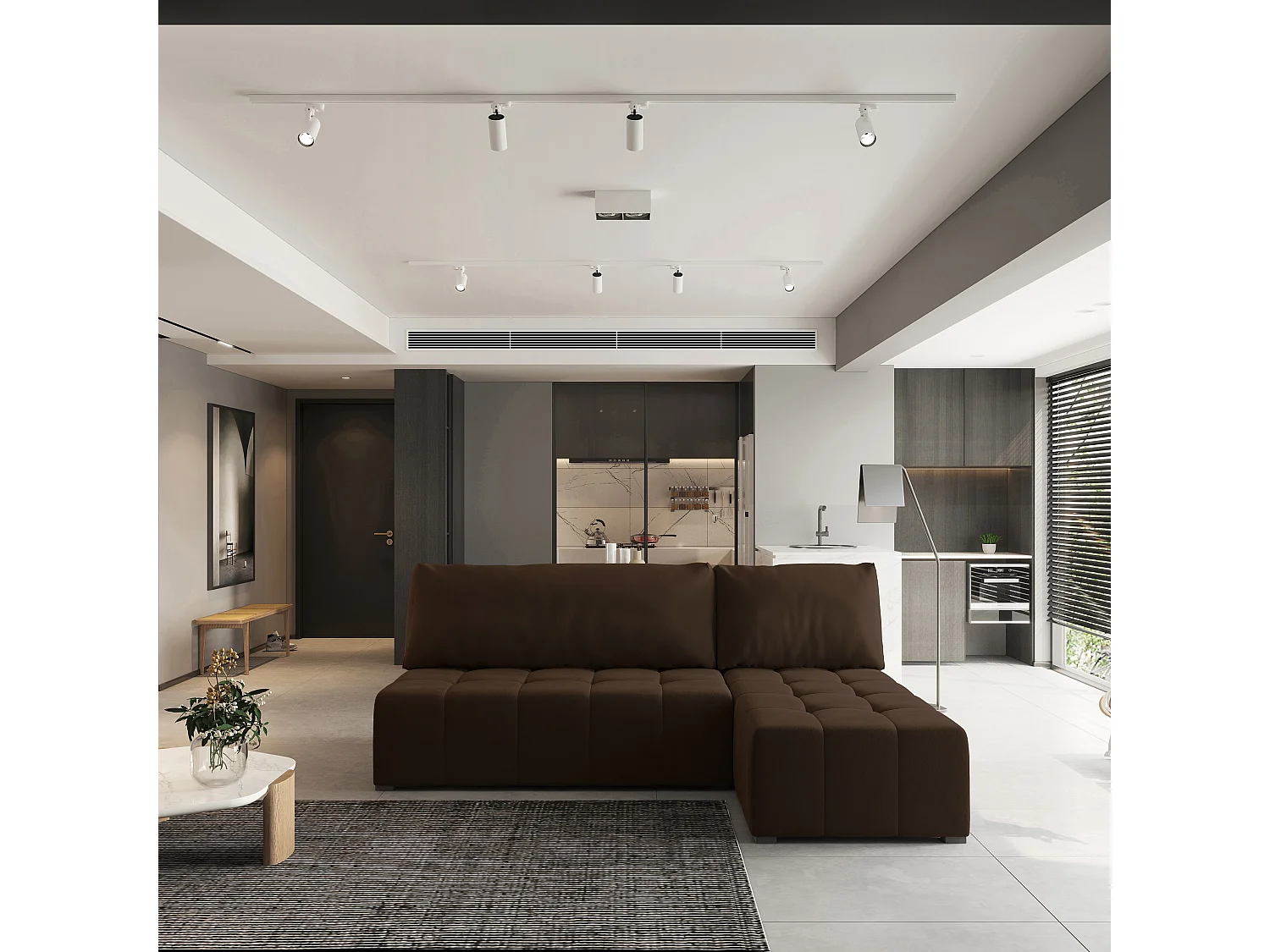 Canapé d'angle DOMIRA Marron en peluche avec fonction de couchage