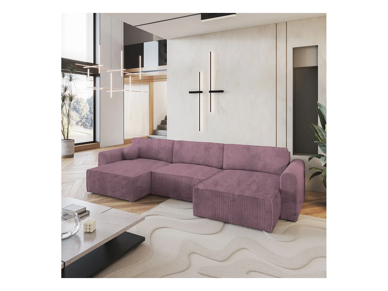 Canapé d'angle FENTO Parme en velours côtelé avec fonction de couchage