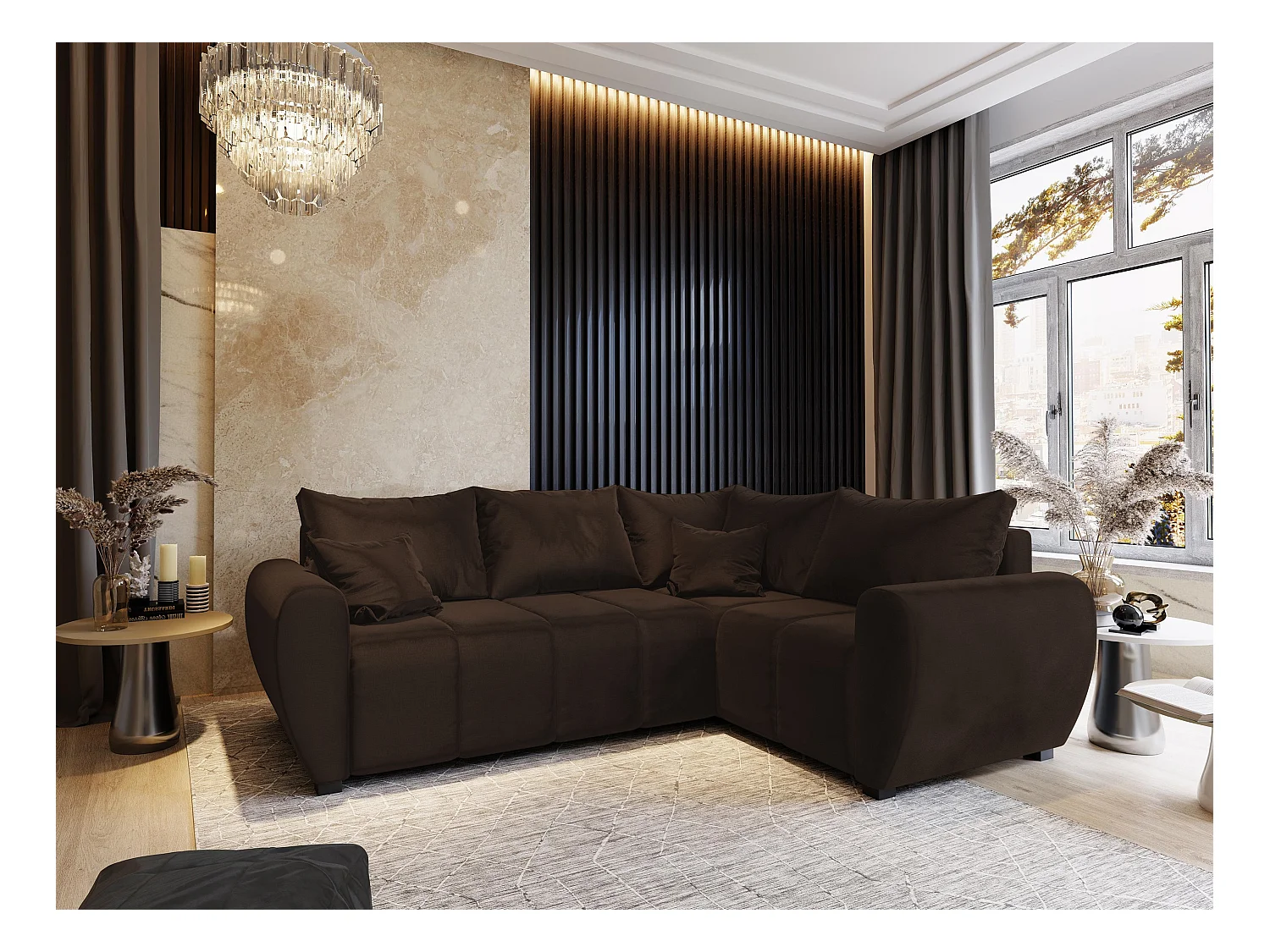 Canapé d'angle MADISON Marron en peluche avec fonction de couchage