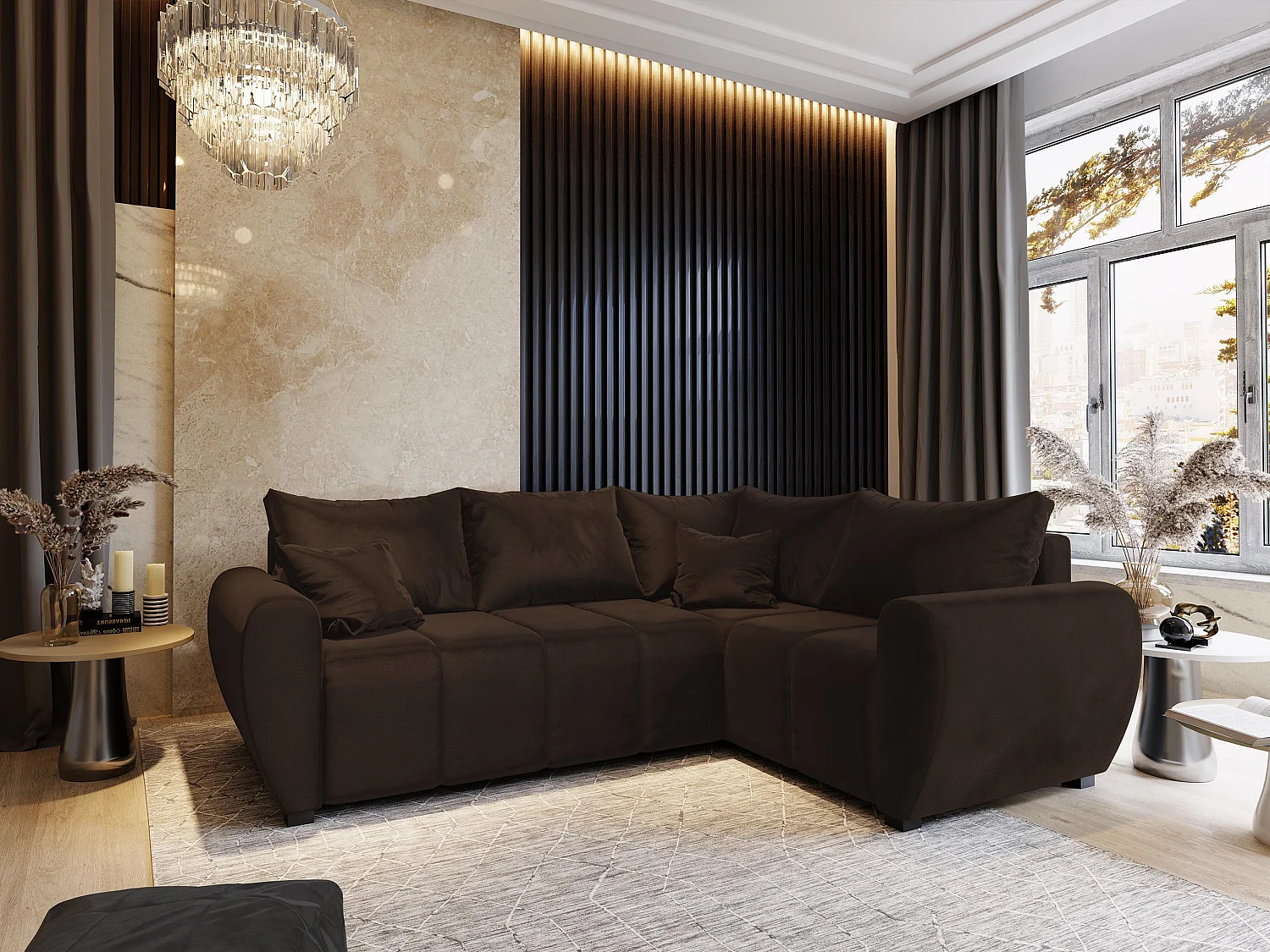 Canapé d'angle MADISON Marron en peluche avec fonction de couchage