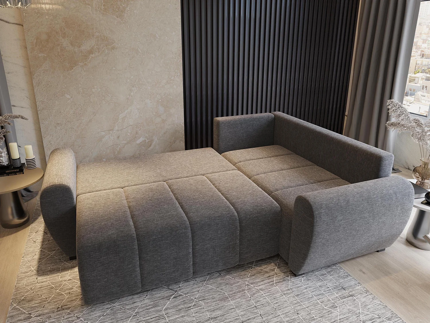 Canapé d'angle MADISON Marron en peluche avec fonction de couchage