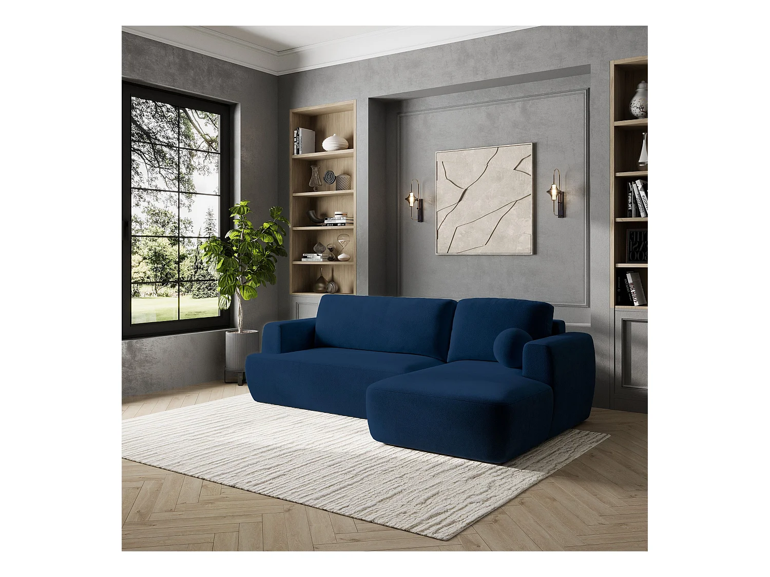 Canapé d'angle SENTI Bleu en peluche avec fonction de couchage