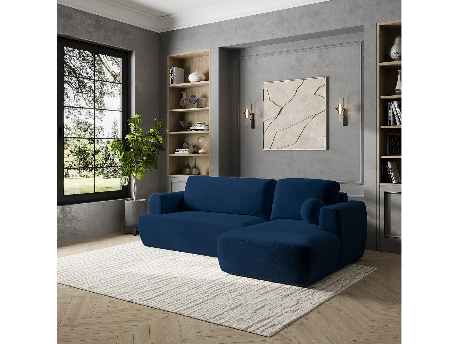 Canapé d'angle SENTI Bleu en peluche avec fonction de couchage