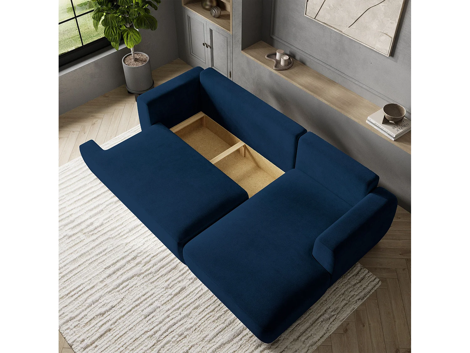 Canapé d'angle SENTI Bleu en peluche avec fonction de couchage
