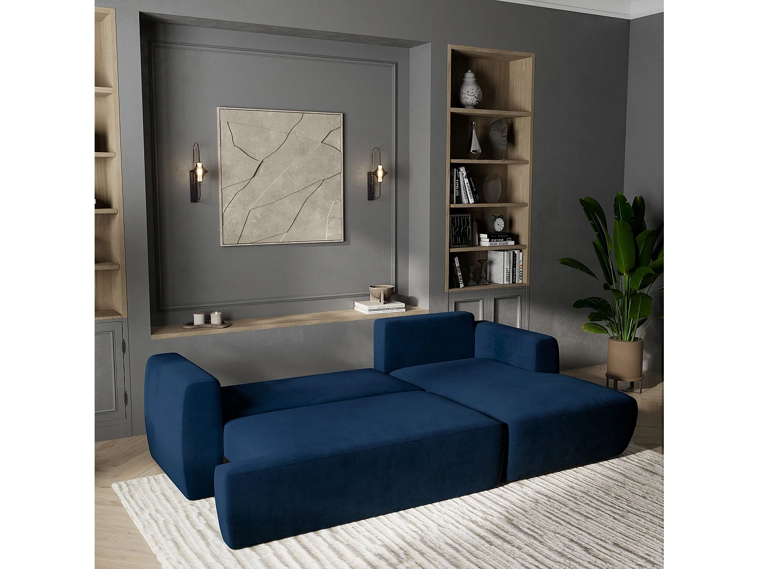 Canapé d'angle SENTI Bleu en peluche avec fonction de couchage