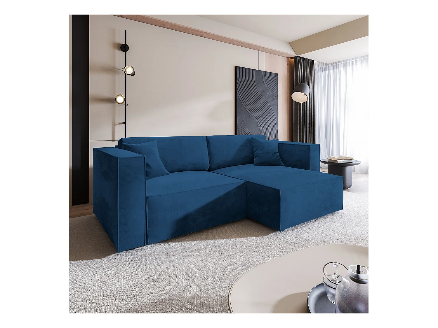 Canapé d'angle NERIO Bleu en velours avec fonction de couchage