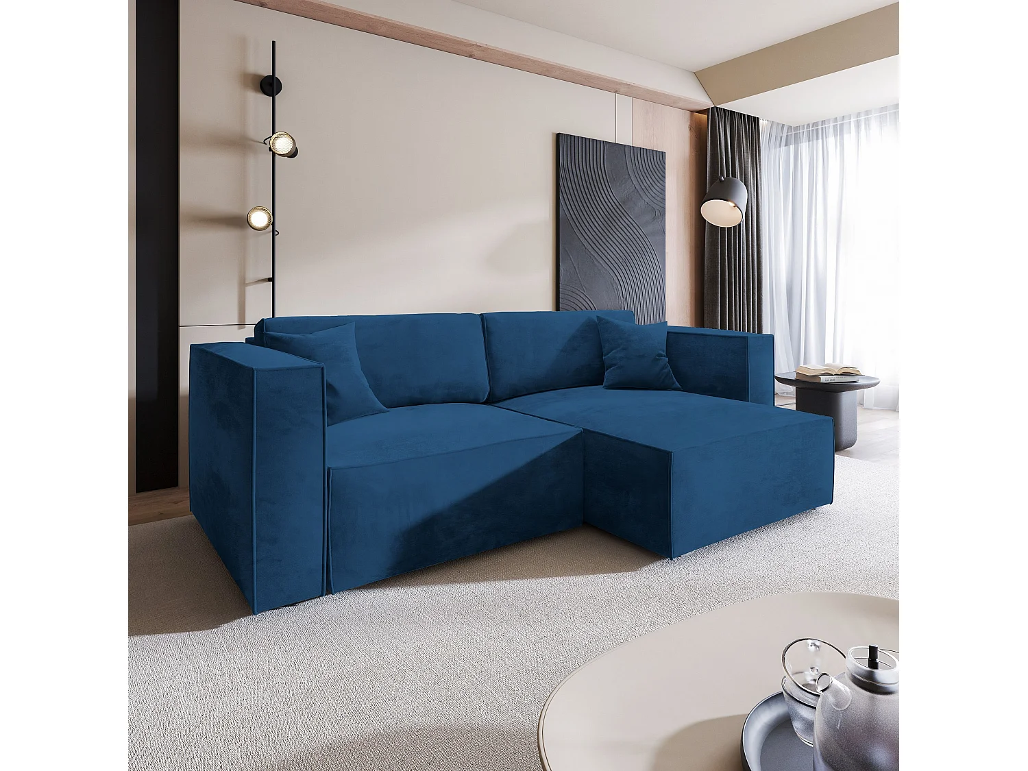 Canapé d'angle NERIO Bleu en velours avec fonction de couchage