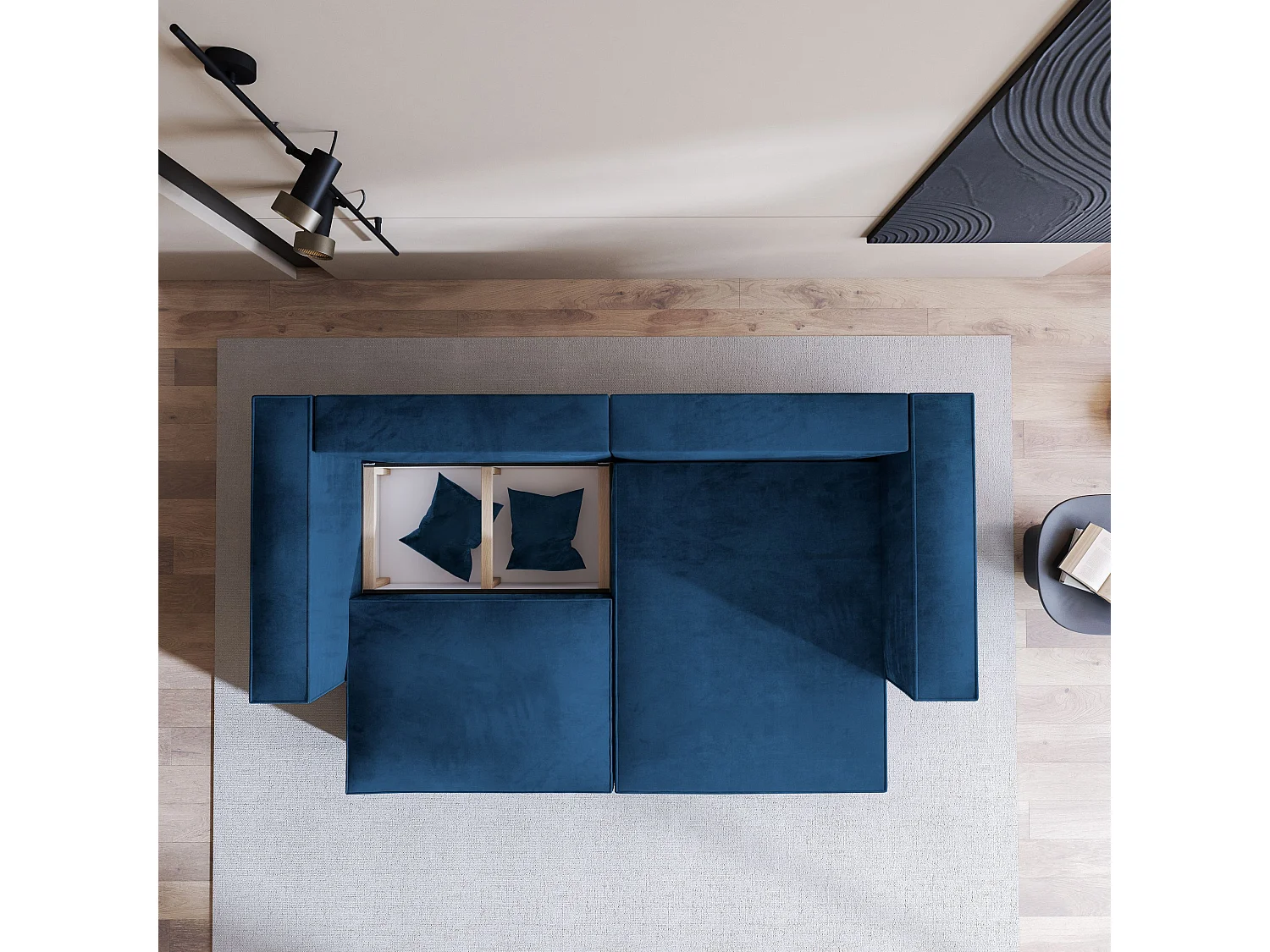 Canapé d'angle NERIO Bleu en velours avec fonction de couchage