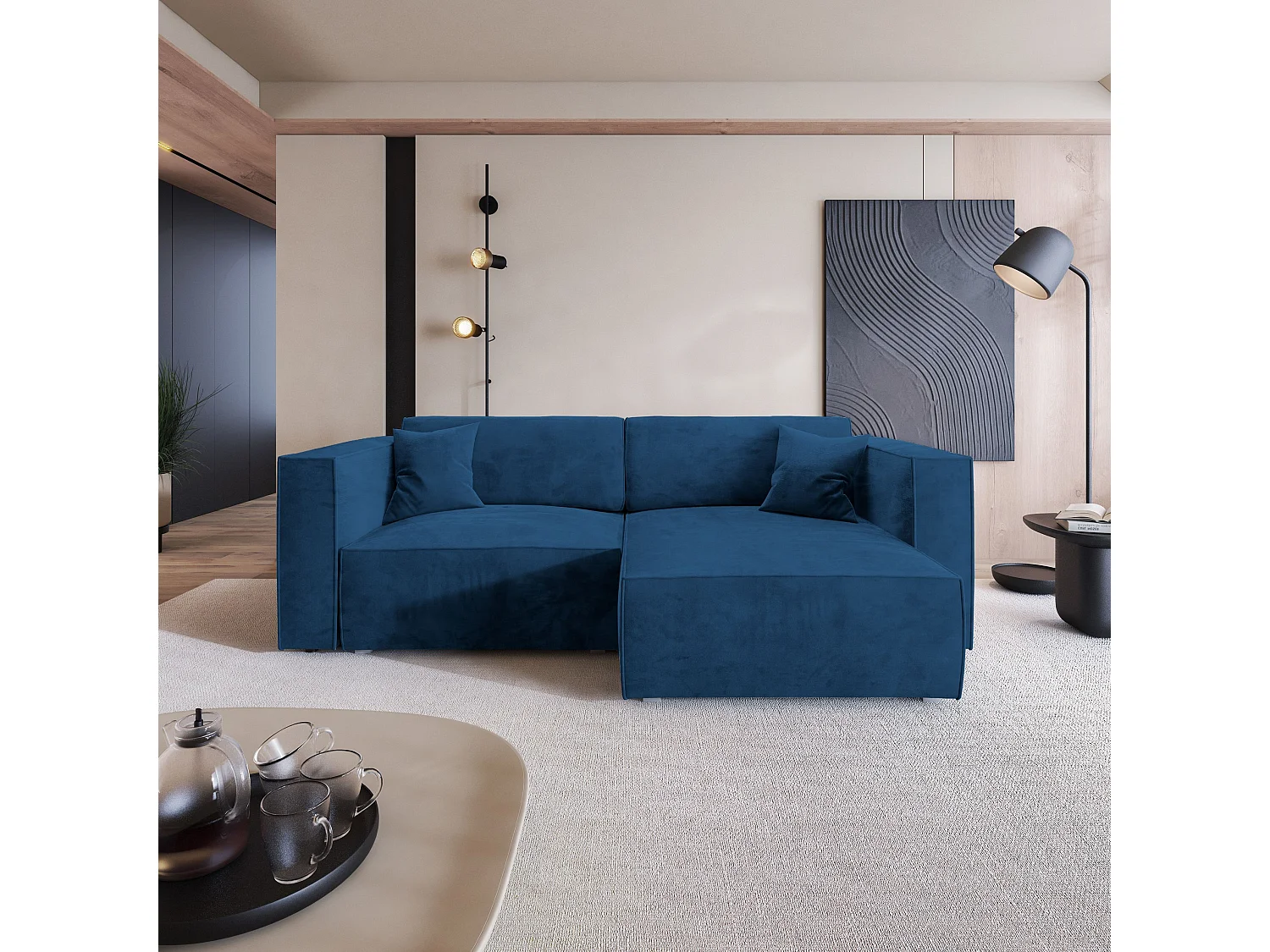 Canapé d'angle NERIO Bleu en velours avec fonction de couchage