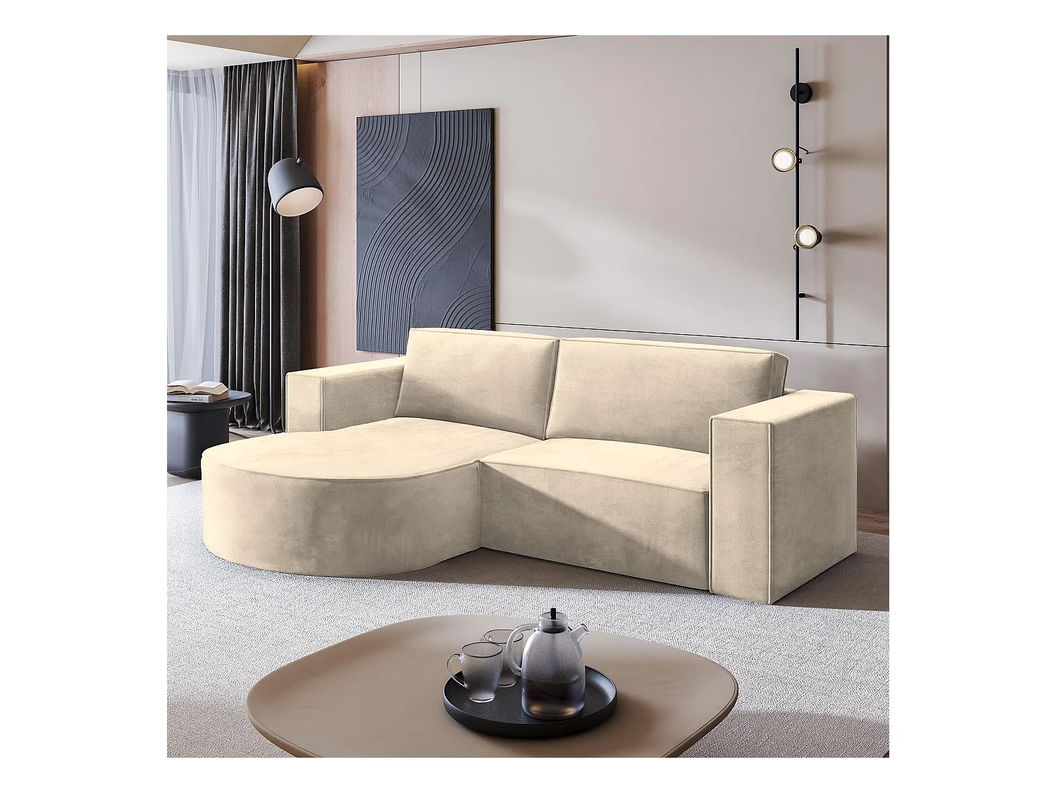 Canapé d'angle SORELA Crème en velours avec fonction de couchage