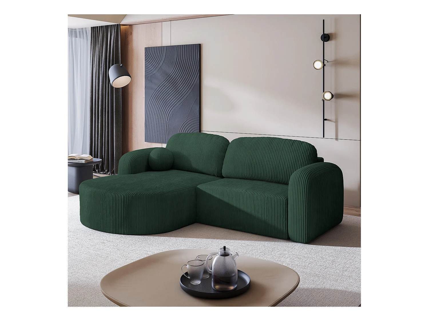 Canapé d'angle AMILIA Vert en velours côtelé avec fonction de couchage