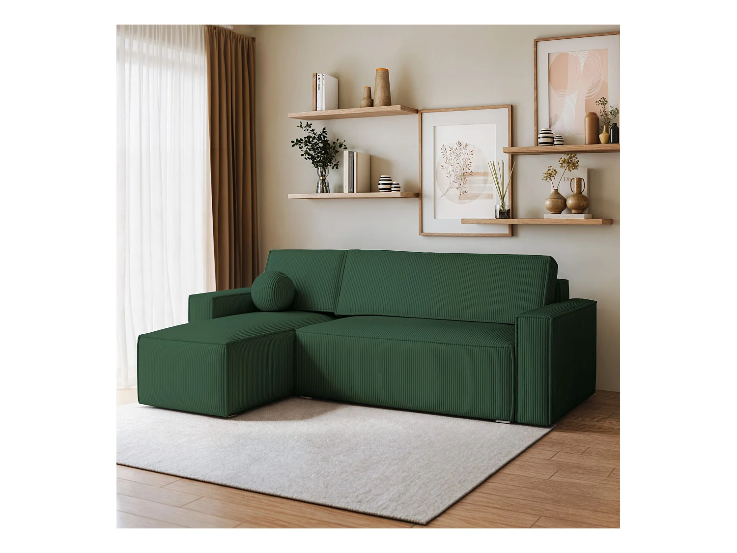 Canapé d'angle RAVELO Vert Sapin en velours côtelé avec fonction de couchage