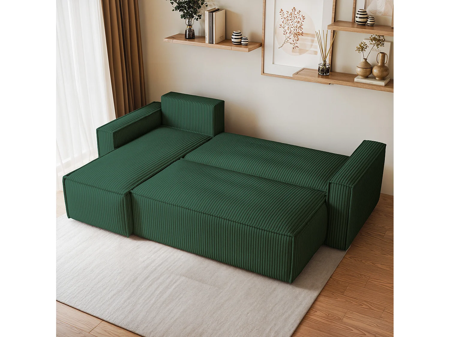 Canapé d'angle RAVELO Vert Sapin en velours côtelé avec fonction de couchage