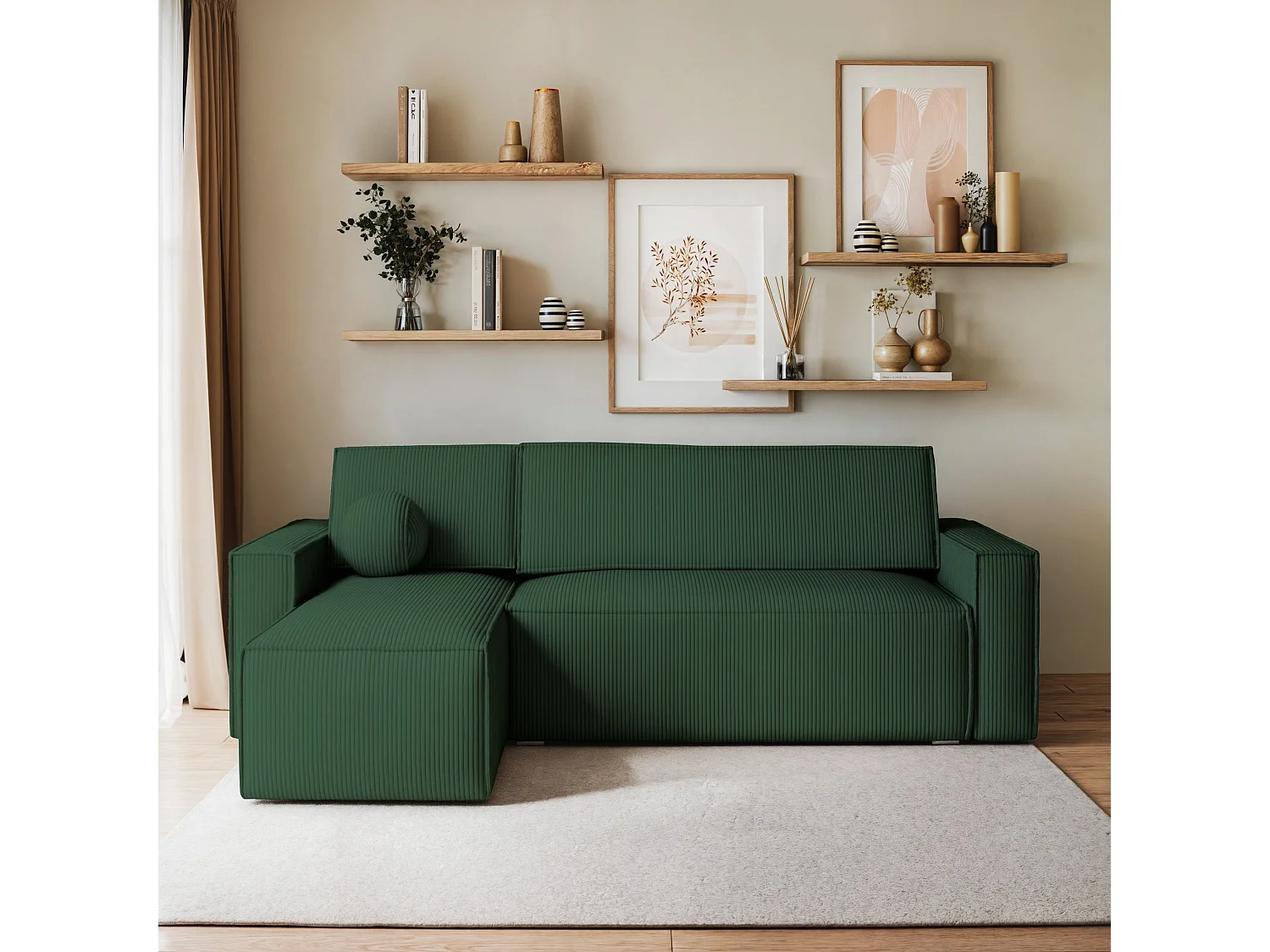 Canapé d'angle RAVELO Vert Sapin en velours côtelé avec fonction de couchage