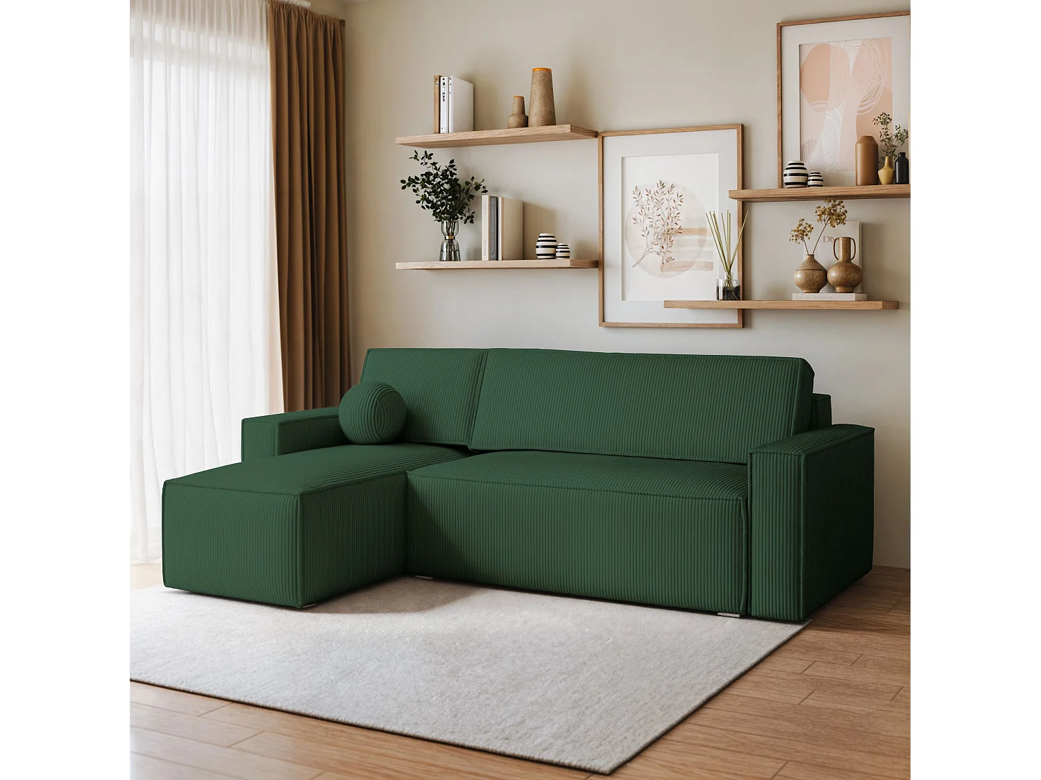 Canapé d'angle RAVELO Vert Sapin en velours côtelé avec fonction de couchage