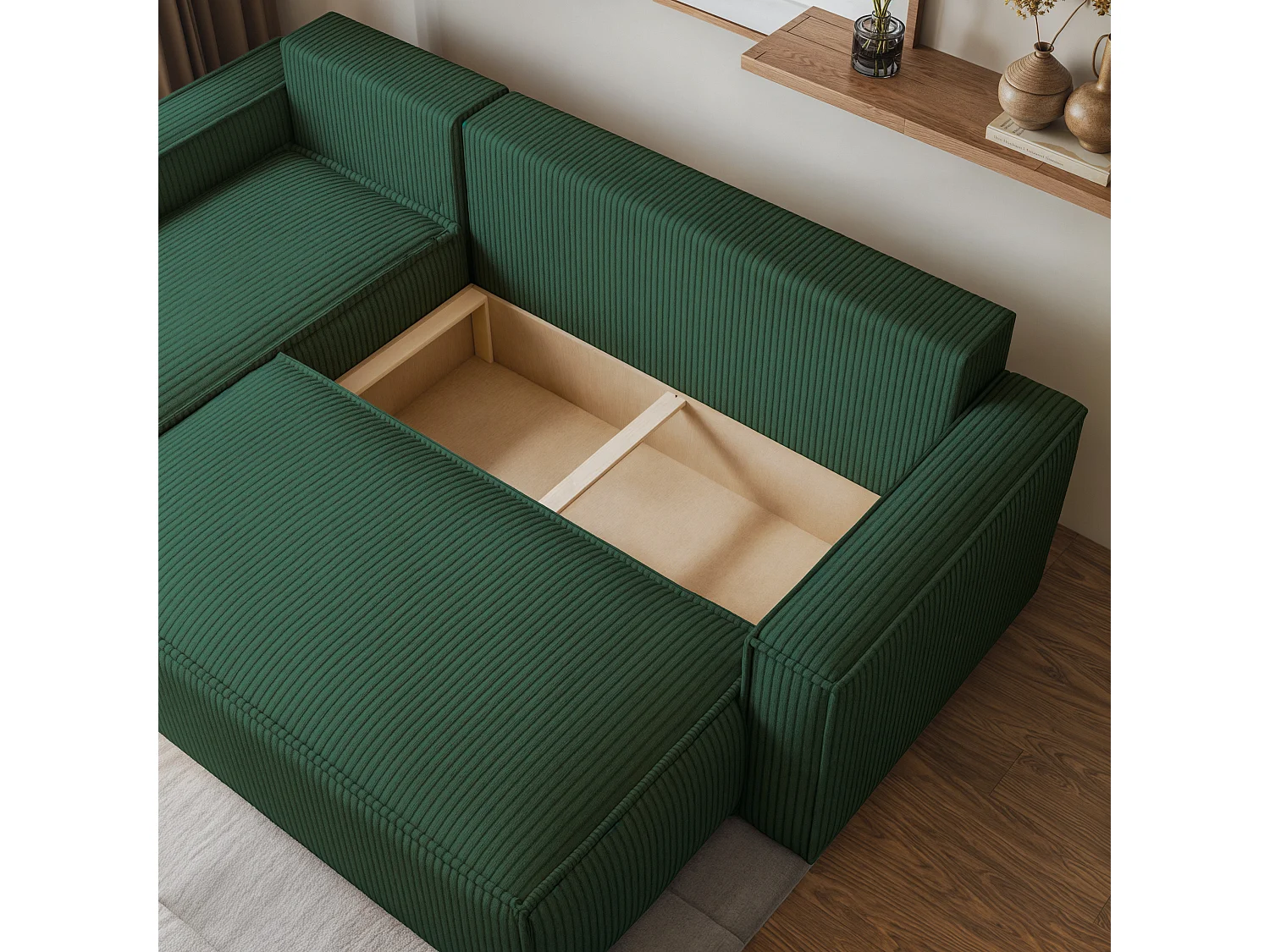 Canapé d'angle RAVELO Vert Sapin en velours côtelé avec fonction de couchage