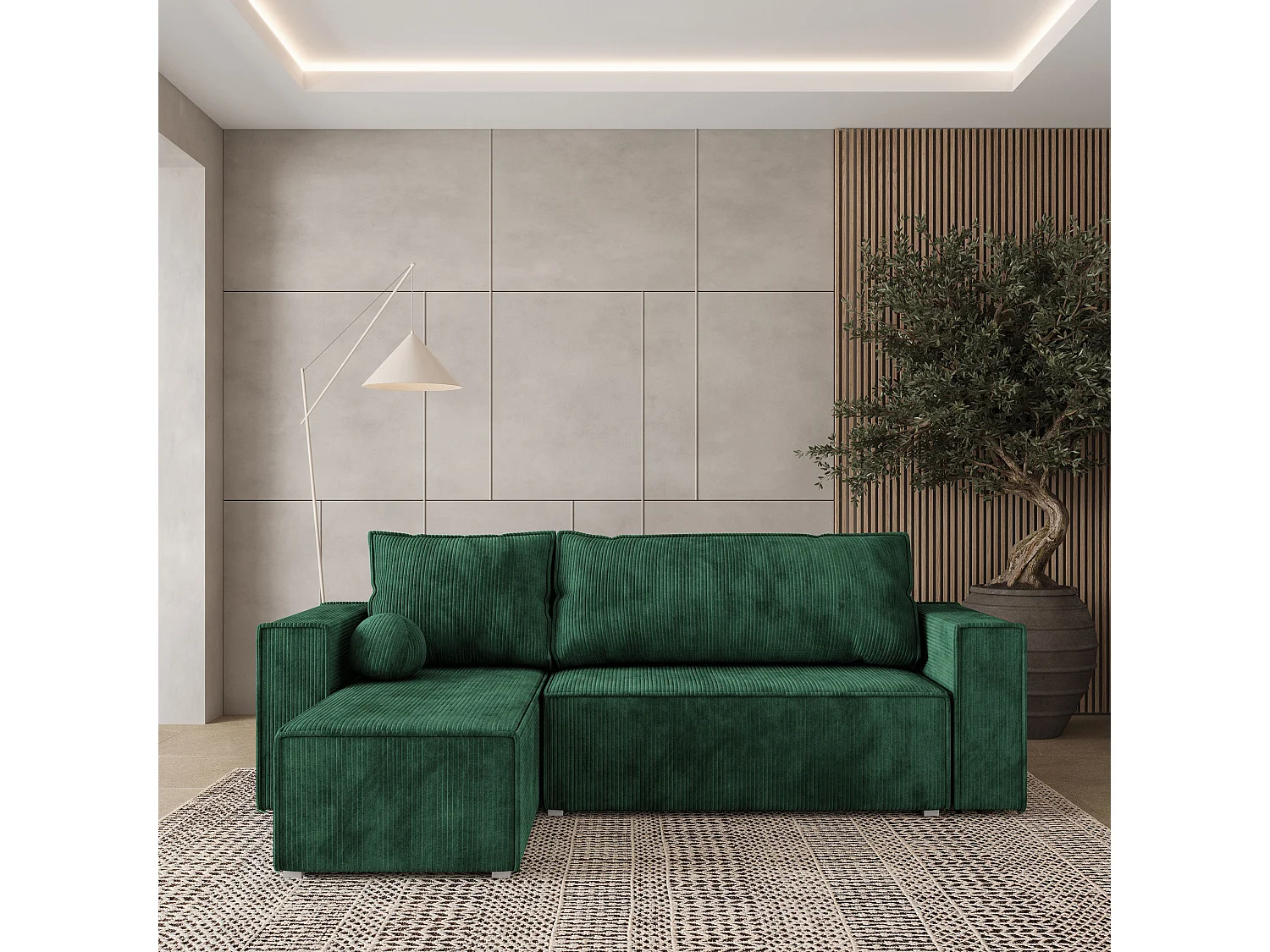 Canapé d'angle RAVELO Vert Sapin en velours côtelé avec fonction de couchage