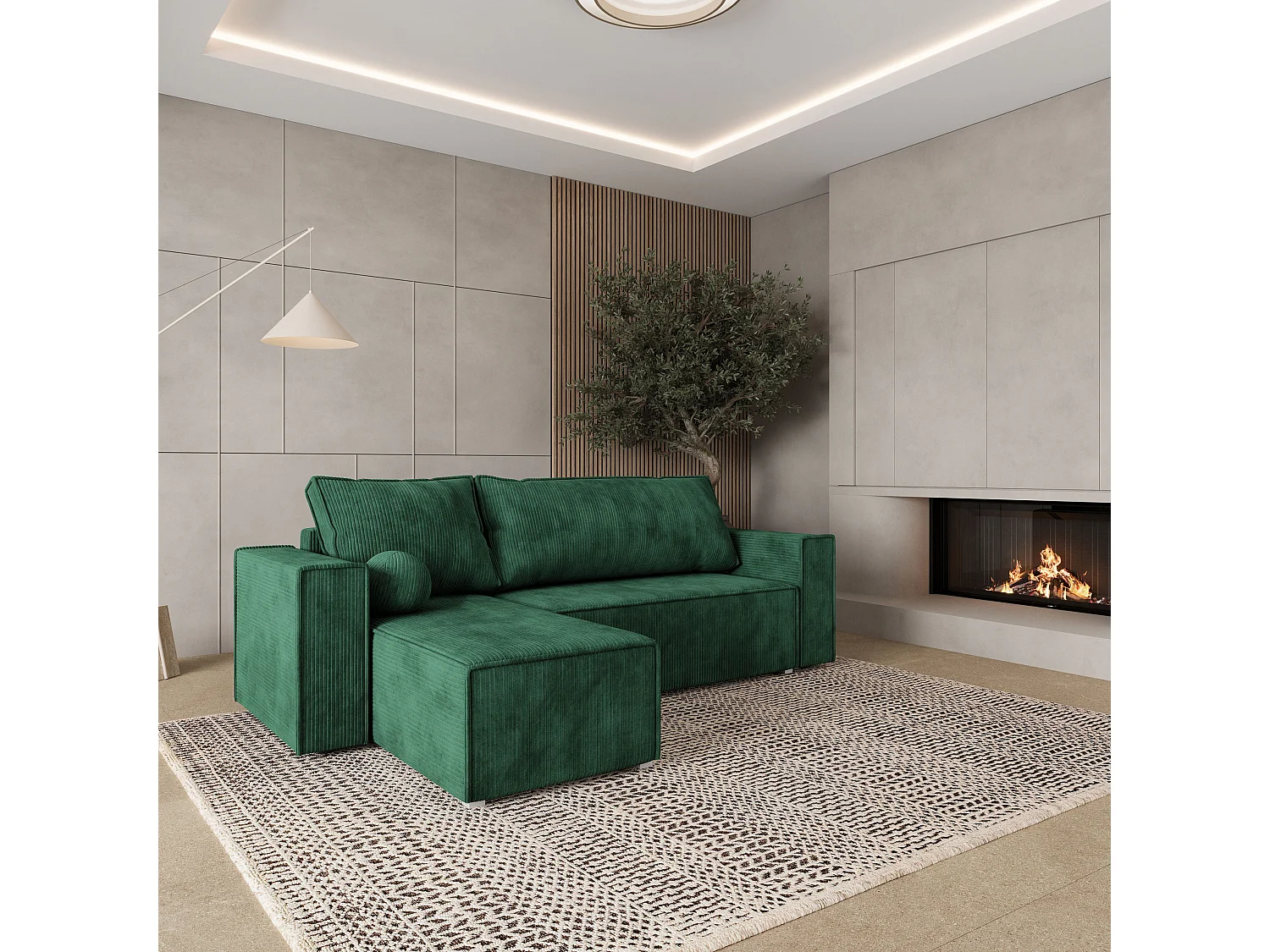 Canapé d'angle RAVELO Vert Sapin en velours côtelé avec fonction de couchage