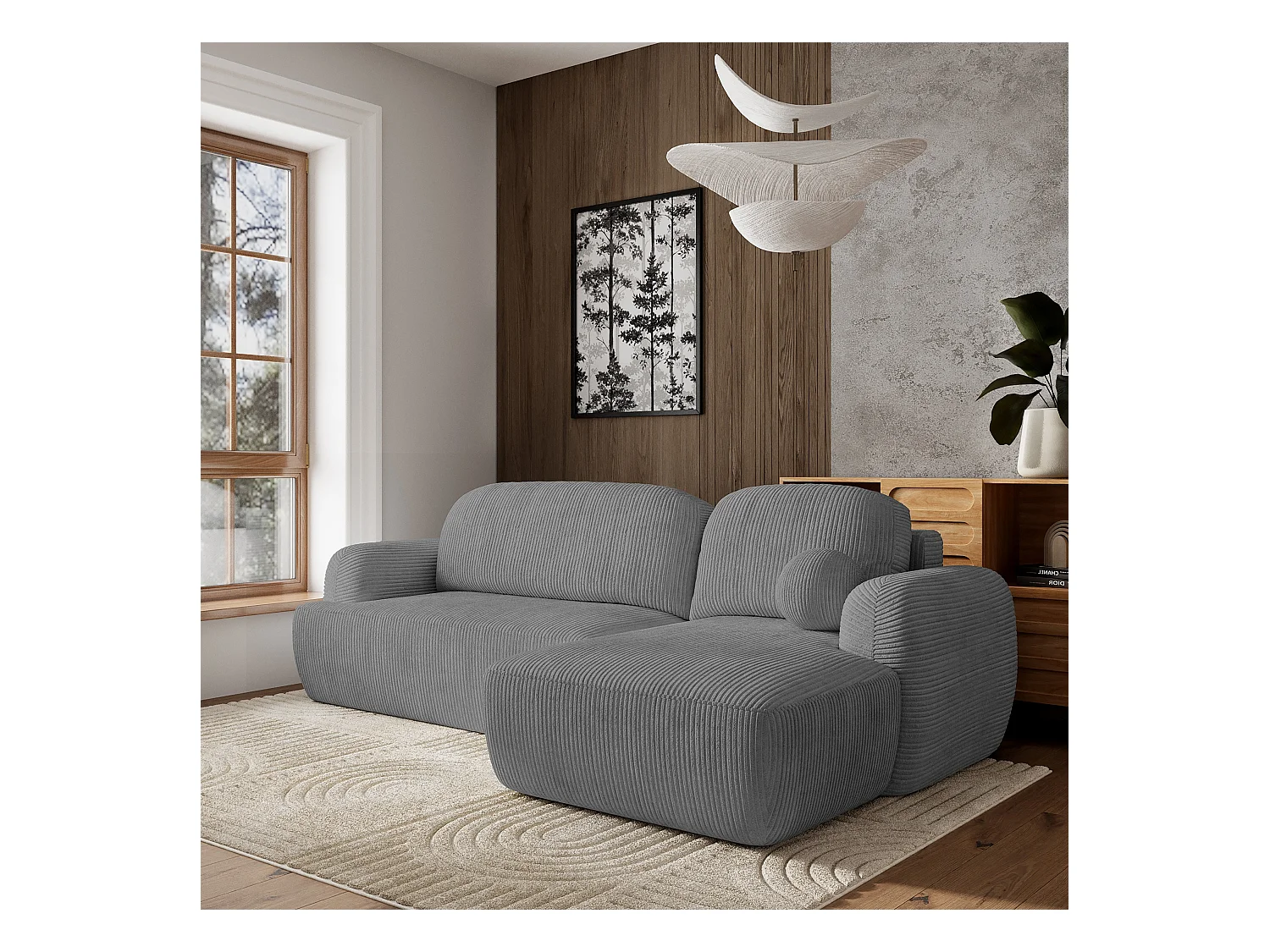 Canapé d'angle MODENZA Gris en velours côtelé avec fonction de couchage