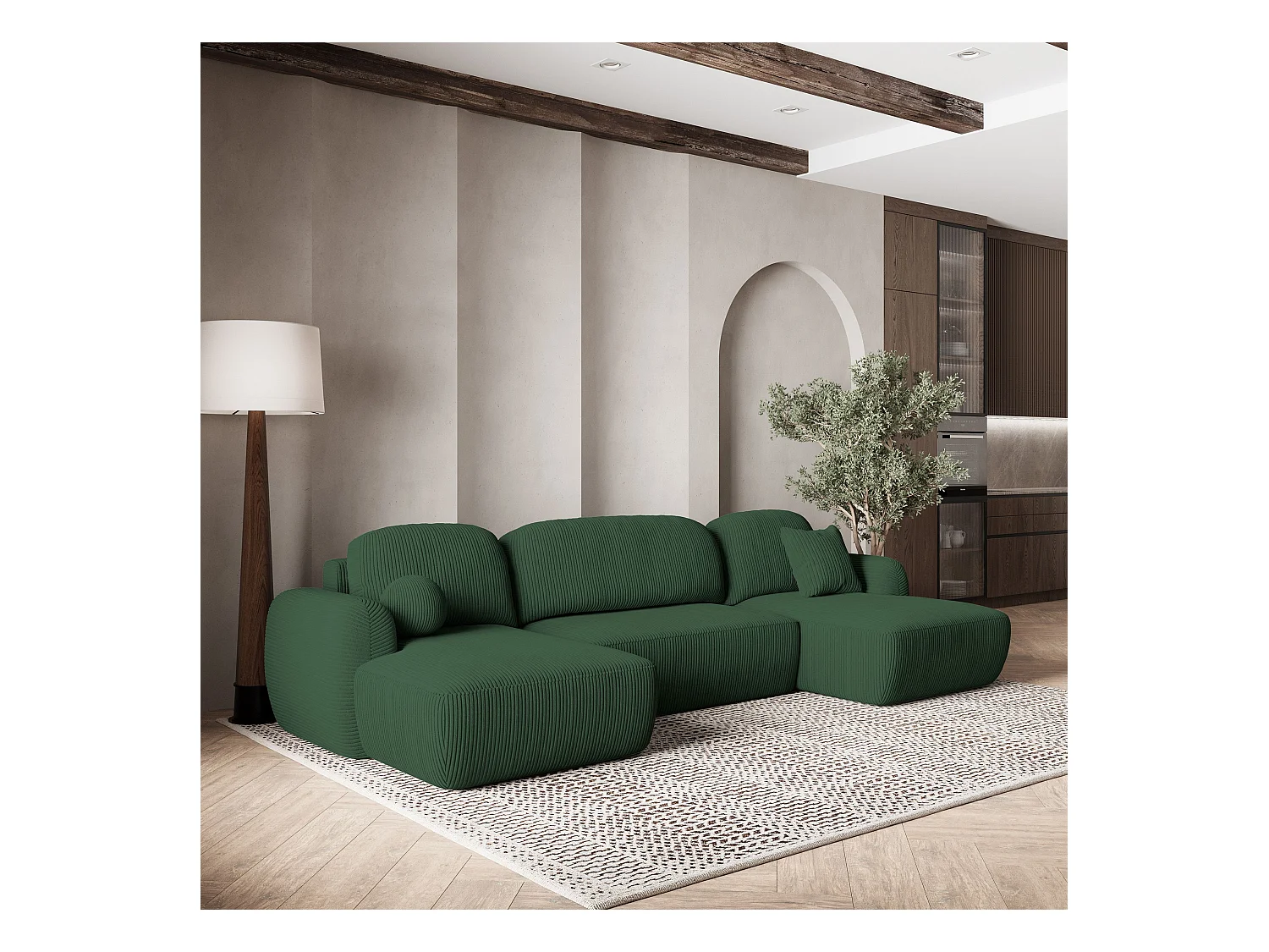 Canapé d'angle SAVONA Vert en velours côtelé avec fonction de couchage