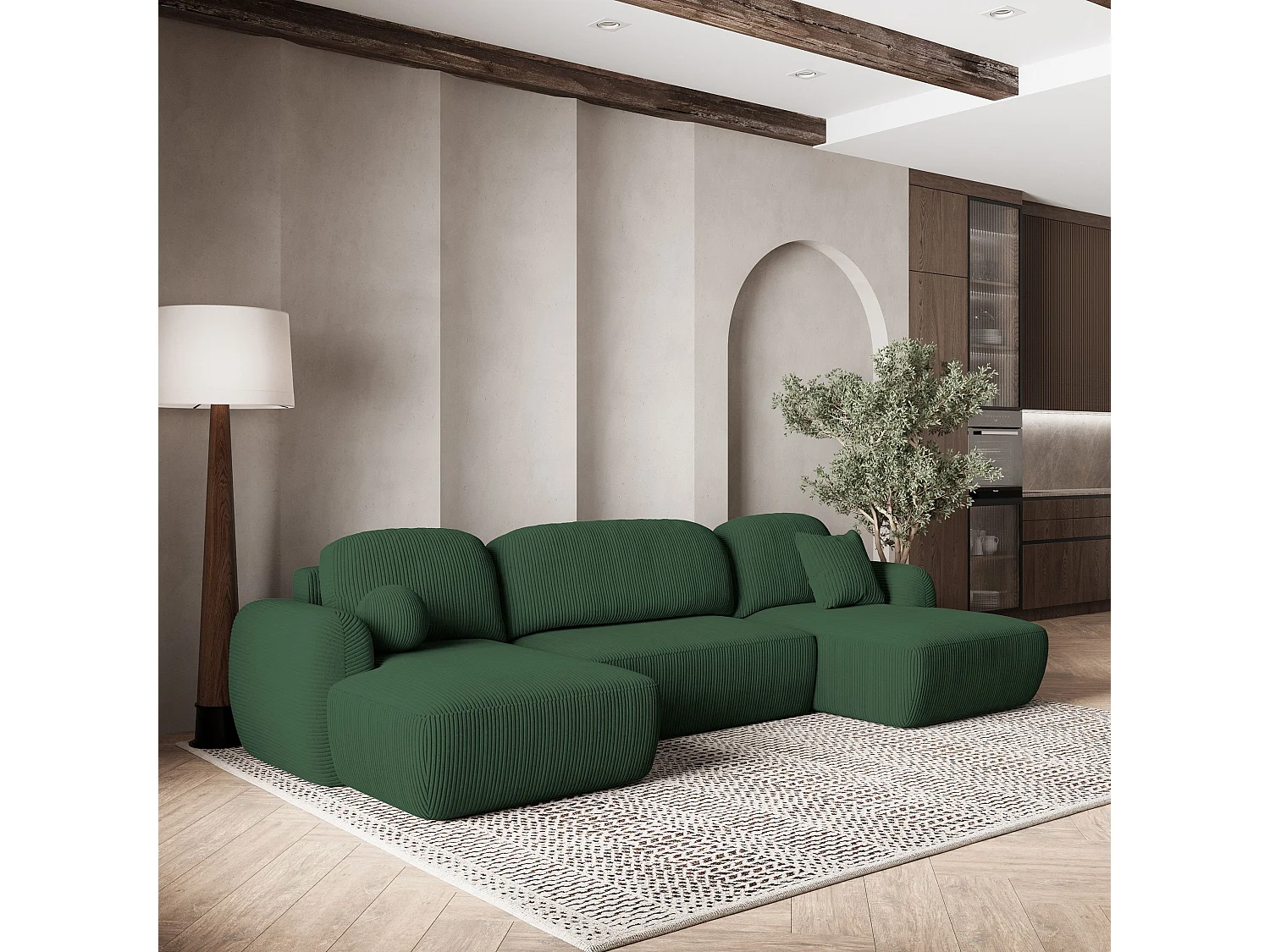 Canapé d'angle SAVONA Vert en velours côtelé avec fonction de couchage