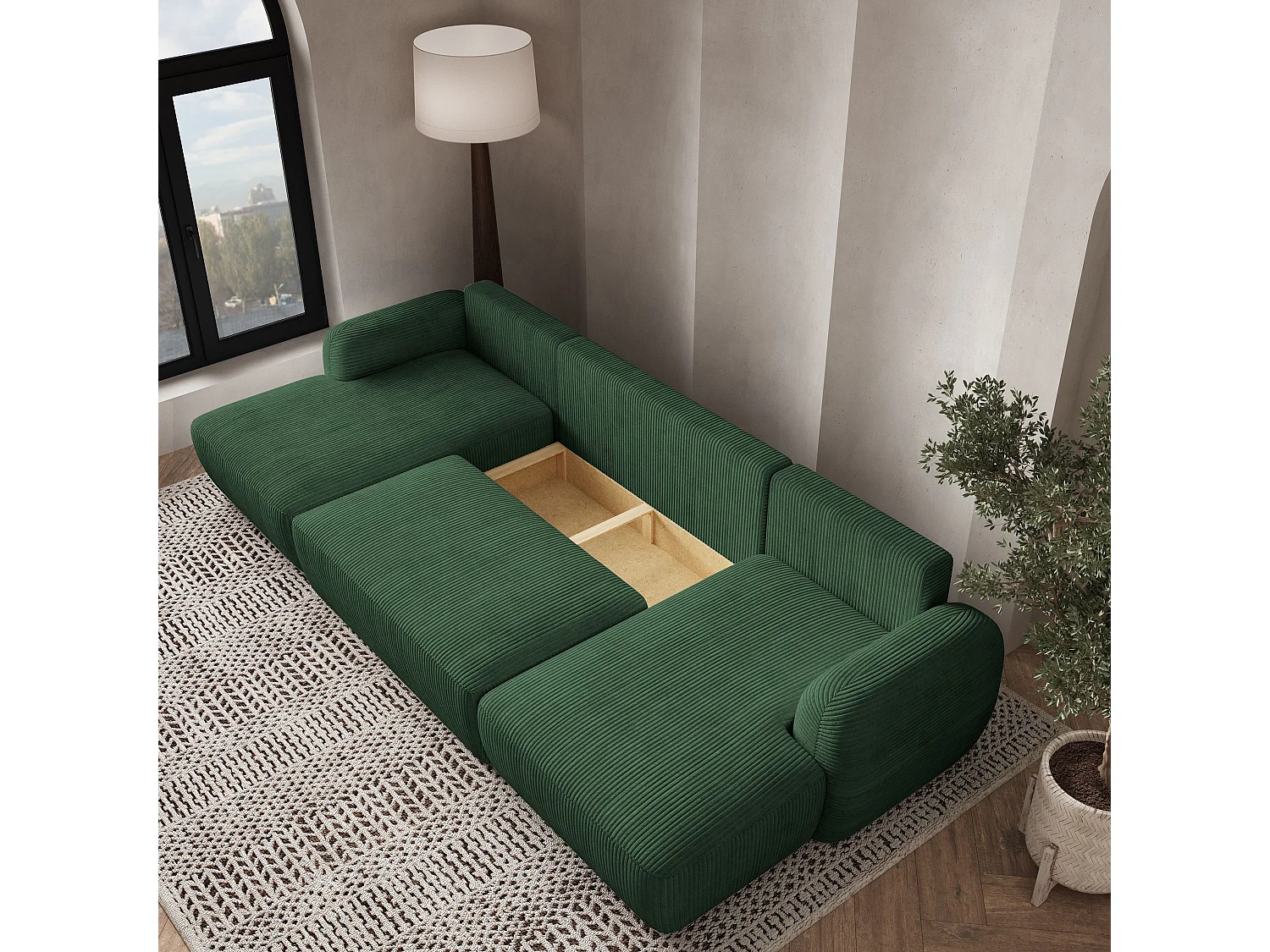 Canapé d'angle SAVONA Vert en velours côtelé avec fonction de couchage