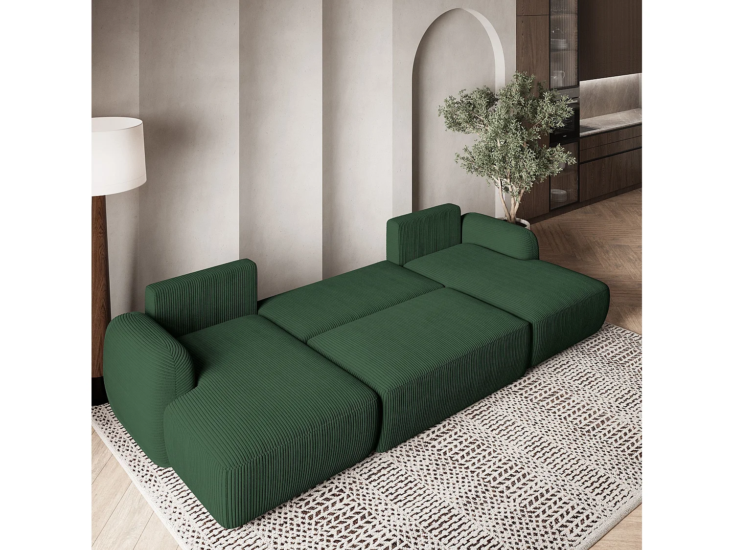 Canapé d'angle SAVONA Vert en velours côtelé avec fonction de couchage