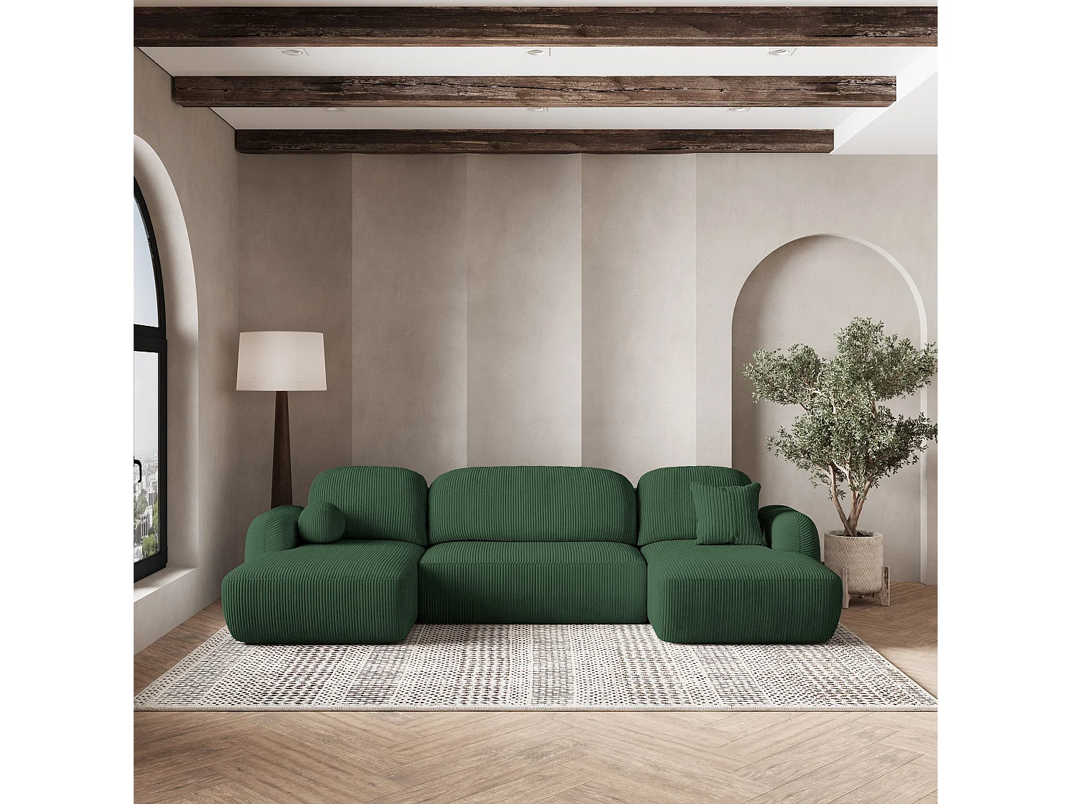 Canapé d'angle SAVONA Vert en velours côtelé avec fonction de couchage