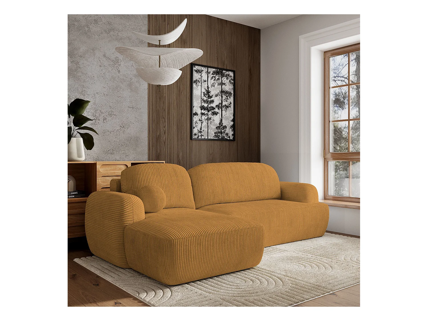 Canapé d'angle MODENZA Jaune en velours côtelé avec fonction de couchage