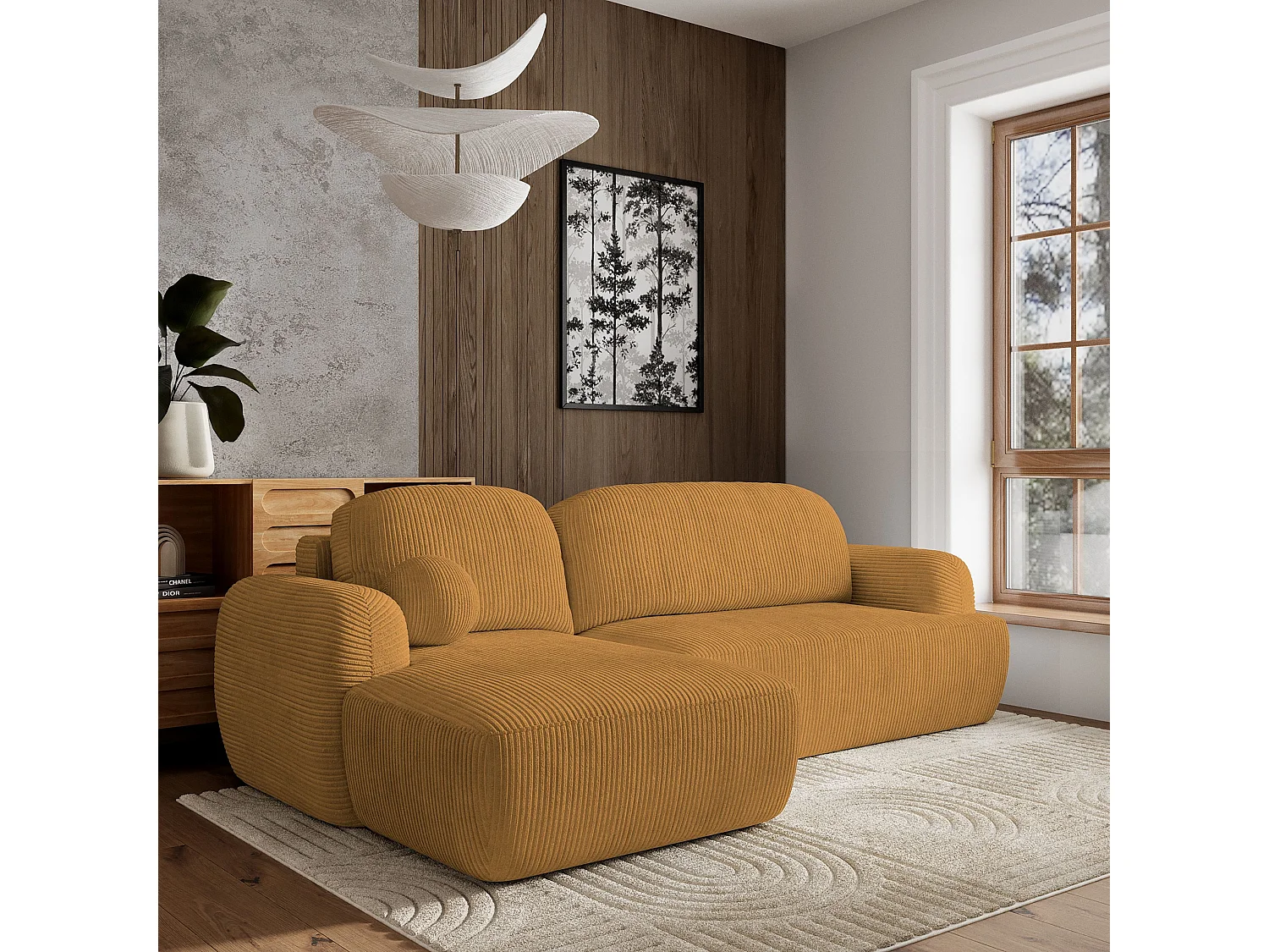 Canapé d'angle MODENZA Jaune en velours côtelé avec fonction de couchage
