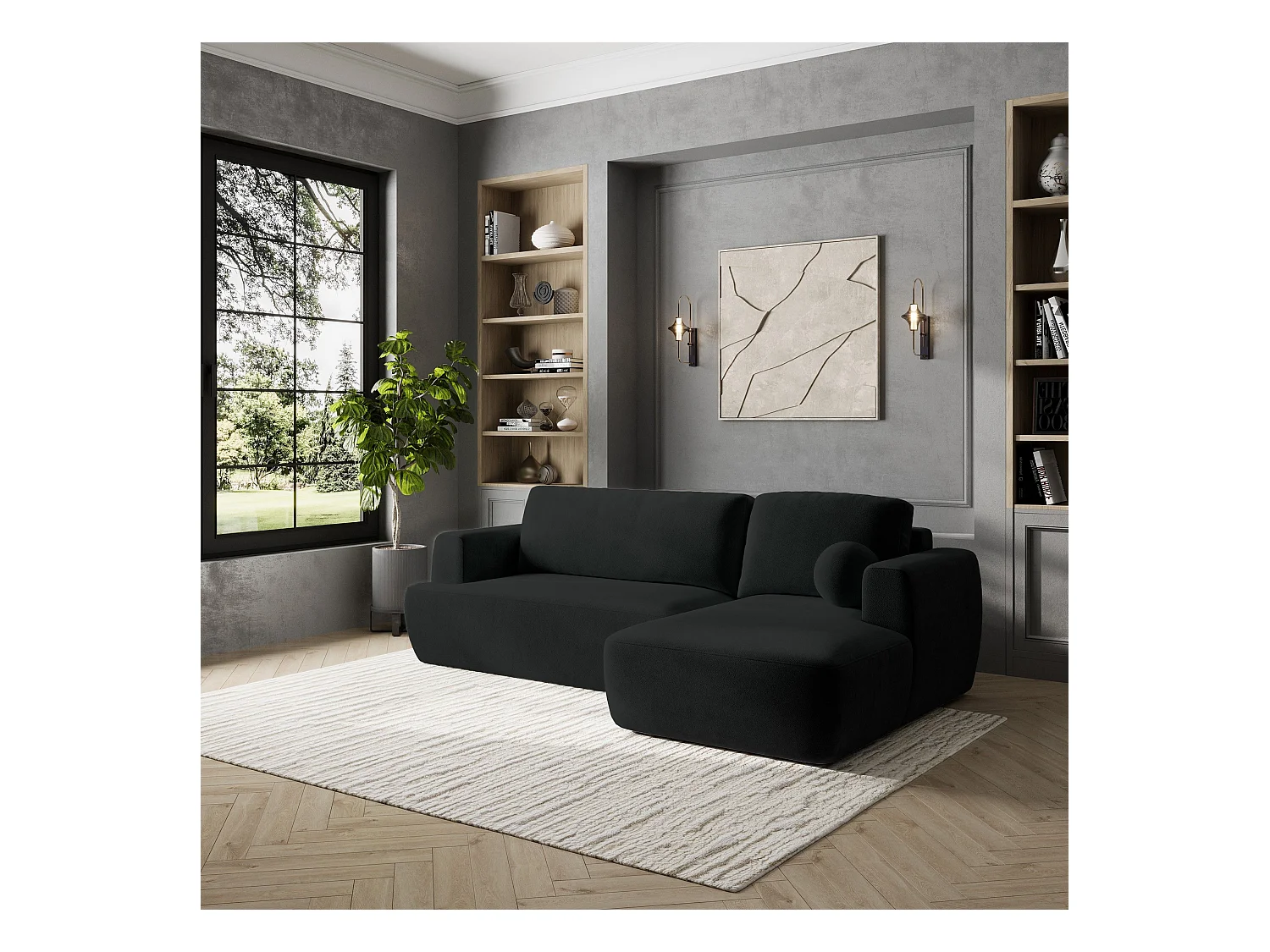 Canapé d'angle SENTI Noir en peluche avec fonction de couchage