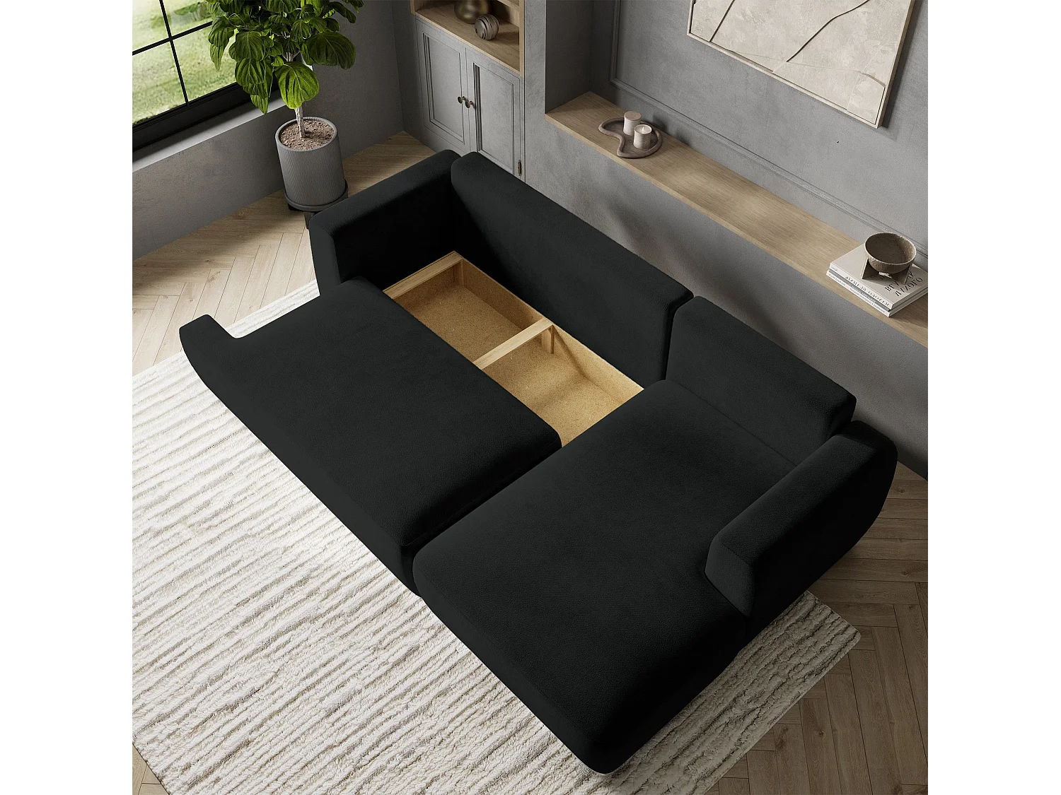 Canapé d'angle SENTI Noir en peluche avec fonction de couchage