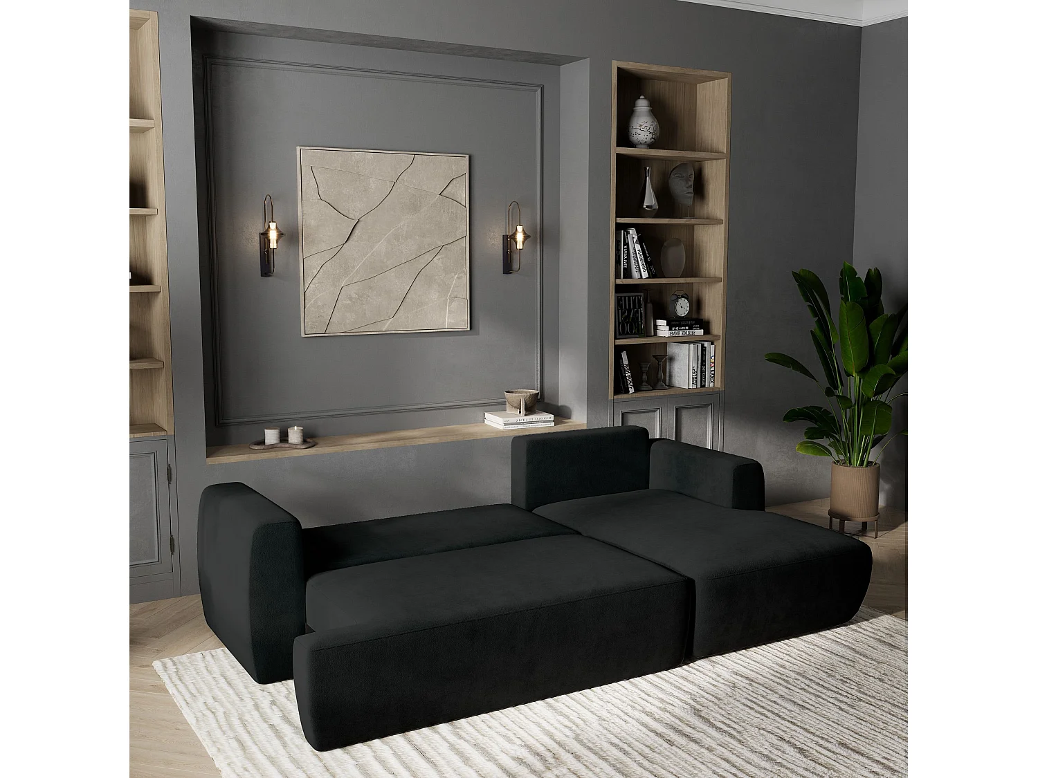 Canapé d'angle SENTI Noir en peluche avec fonction de couchage