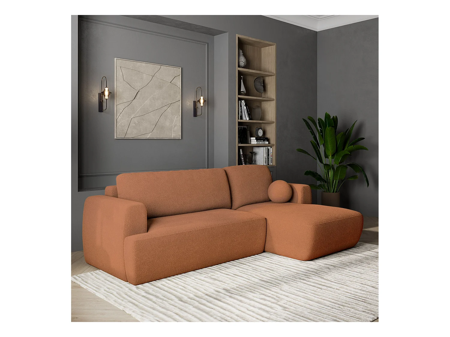 Canapé d'angle SENTI Terracotta en bouclé avec fonction de couchage