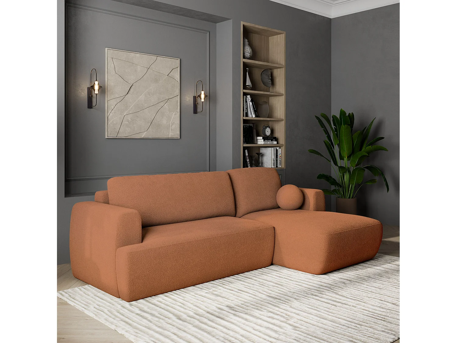 Canapé d'angle SENTI Terracotta en bouclé avec fonction de couchage